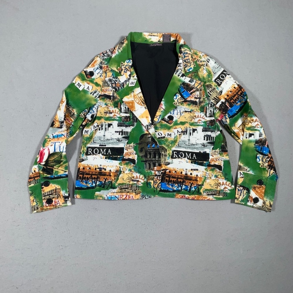 French Postcards Women Large  Italy Travel Print Rome Blazer‎ Jacket Green Roma